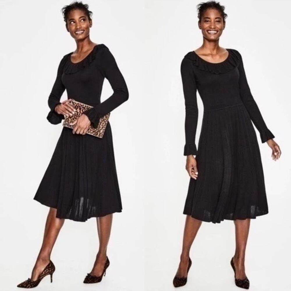 Boden Lavinia Knit Dress Ruffle Frill Long Sleeve Fit and Flare Sweater Midi